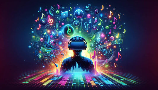 VR music illustration; features guy with headphones on enjoying VR experience with music shown around him
