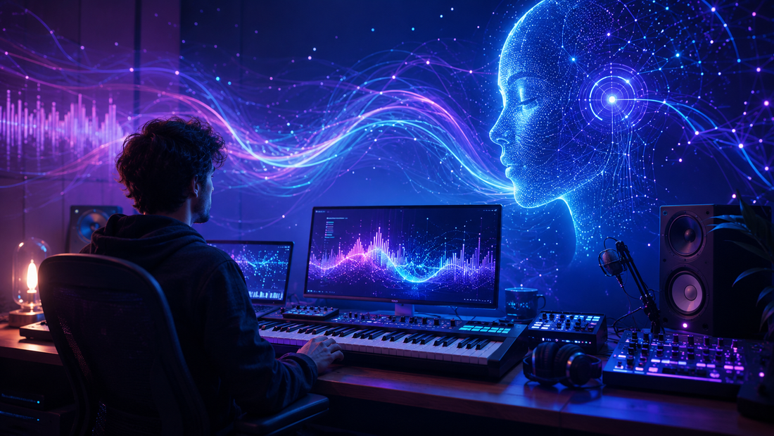 AI music producer creating songs in a futuristic home studio.