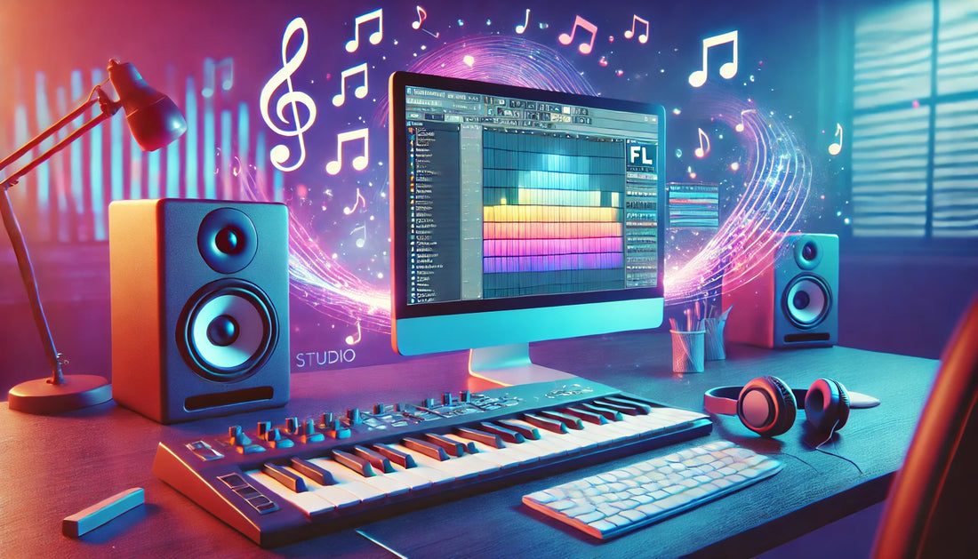 Digital music studio setup with FL Studio interface and keyboard in a creative blue-lit environment.