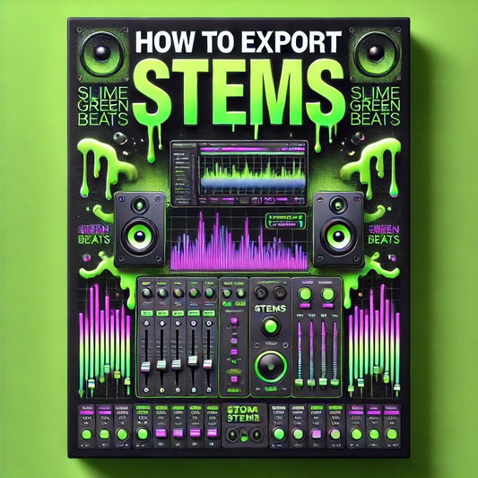 Blog article cover for 'How to Export Stems' featuring neon green, black, and purple music production elements like waveforms, sliders, and dripping slime text.