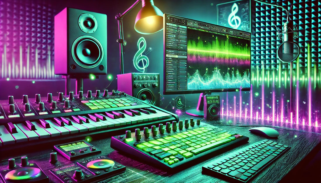 Modern music studio with neon accents, featuring beat-making equipment and digital audio workstation.