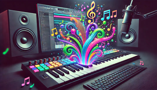 Vibrant musical notes and sound waves bursting from a MIDI keyboard in a music studio.