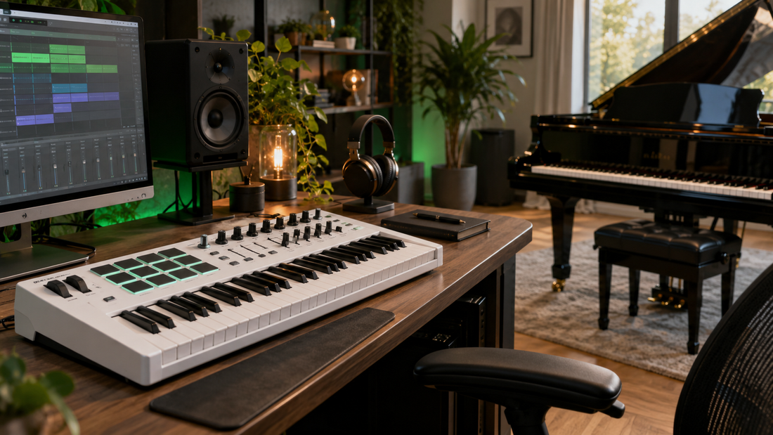 MIDI keyboard and grand piano in a modern home studio.