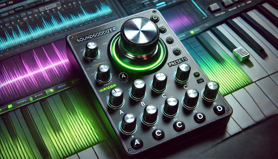 Soundgoodizer plugin with a large central knob and four presets, surrounded by vibrant soundwaves.