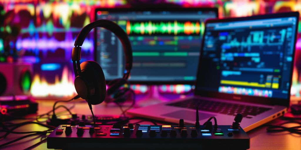 Headphones and MIDI controller on a creative workspace.