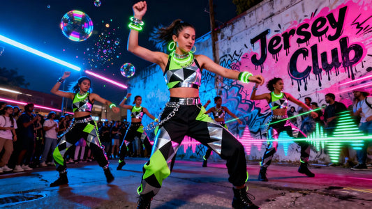 Jersey Club dancers in neon lights influencing pop music visuals.
