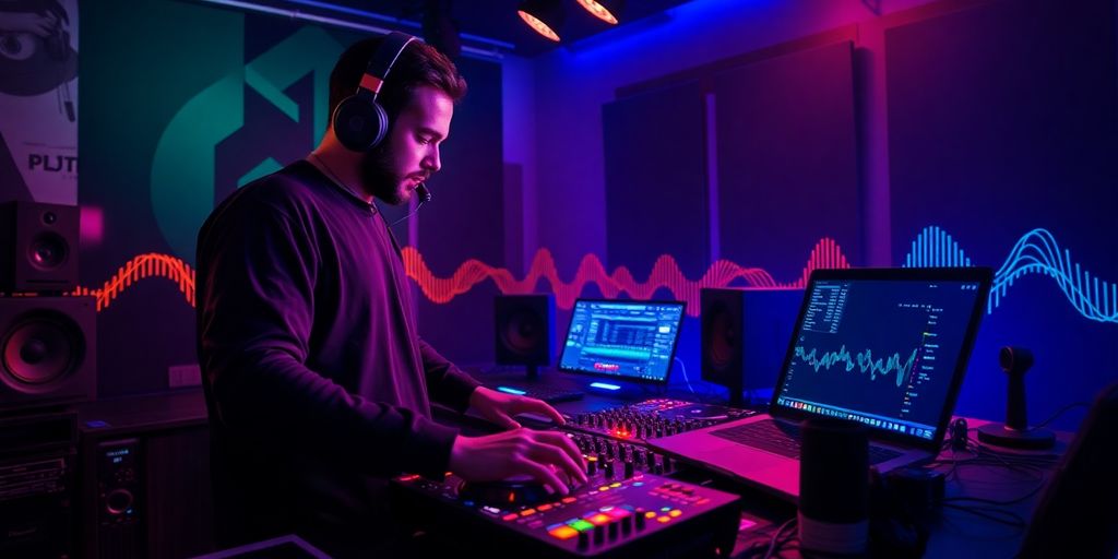 DJ mixing techno beats in a vibrant studio setting.