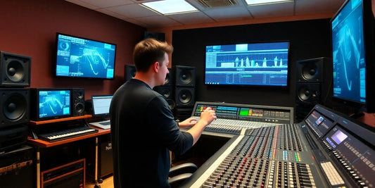 A sound engineer working in a professional mixing studio.