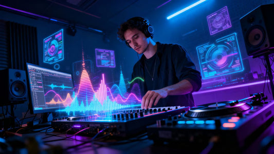 Beatmaker creating music with futuristic digital interfaces.