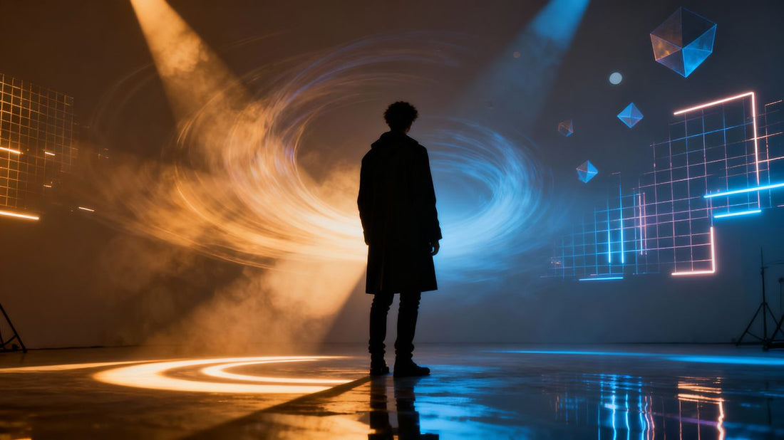 Atmospheric studio with moody lighting for ambient trap music.