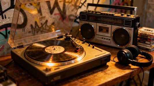 Record player, boombox, and headphones for boom bap comeback.