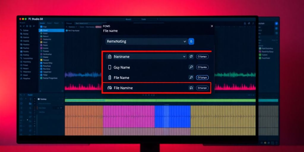 FL Studio 20 interface with file renaming options.