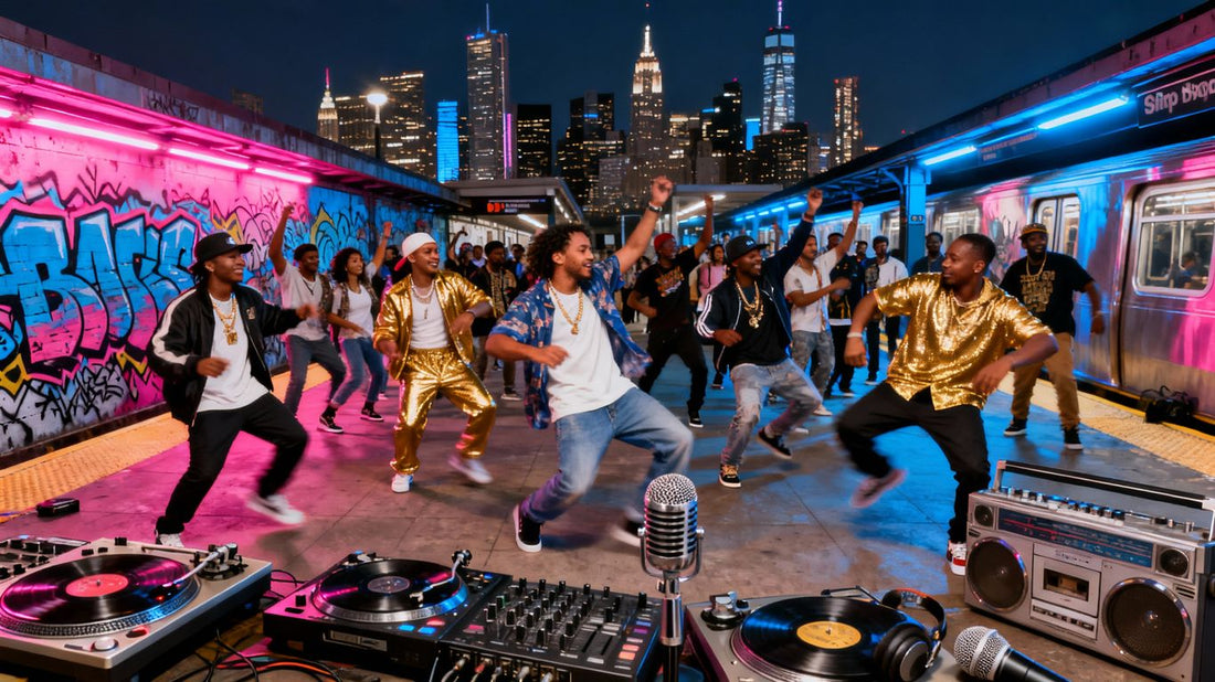 Global hip-hop culture celebration with diverse artists and urban scenes.