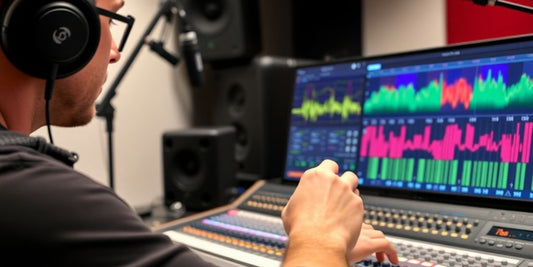 Music producer adjusting audio levels in a studio.