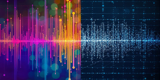 Musical notes morphing into digital circuits.