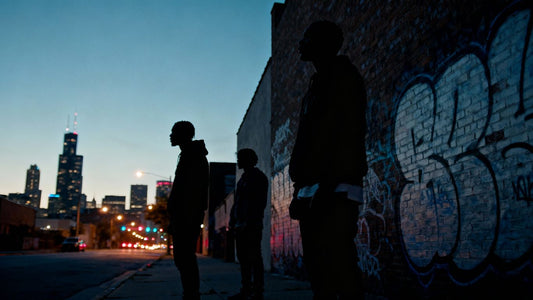 Chicago street at dusk, urban drill music legacy.