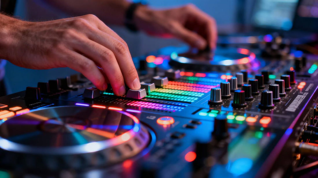 DJ mixing beats on a colorful console.