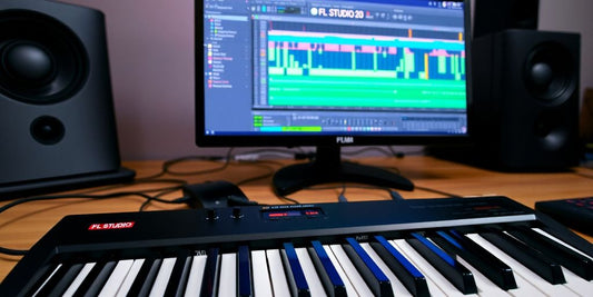 MIDI keyboard setup with FL Studio on a computer screen.
