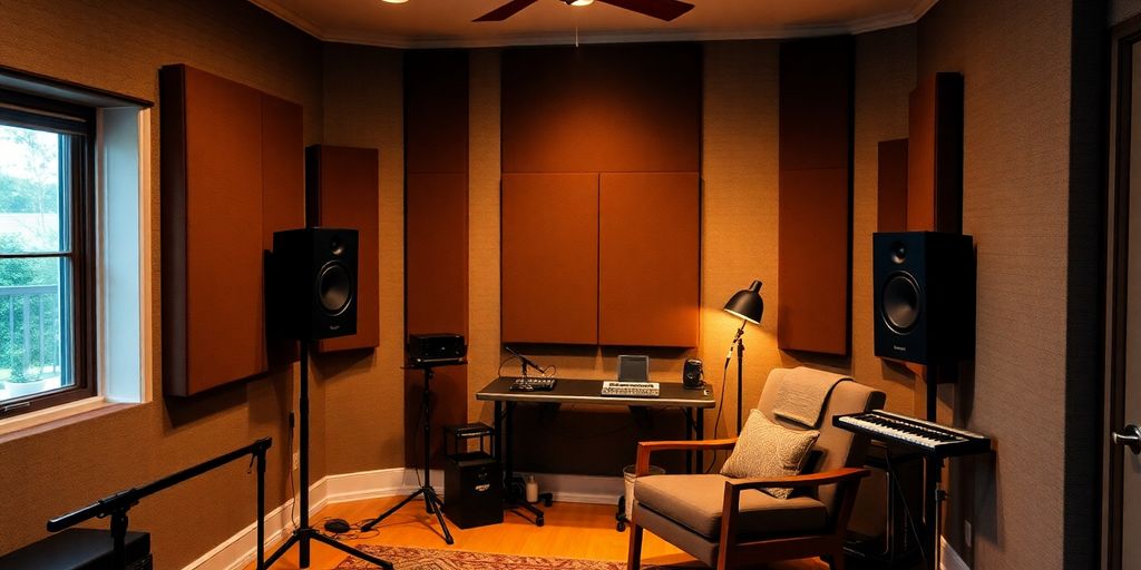 Cozy home studio with acoustic panels and recording gear.