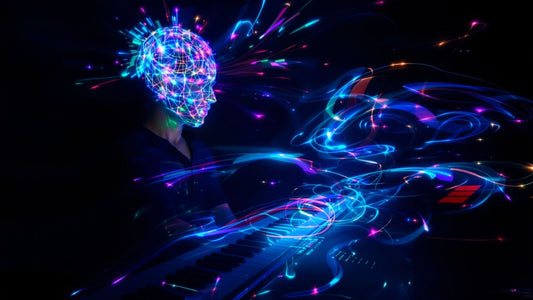 Musician inspired by AI light swirls at piano