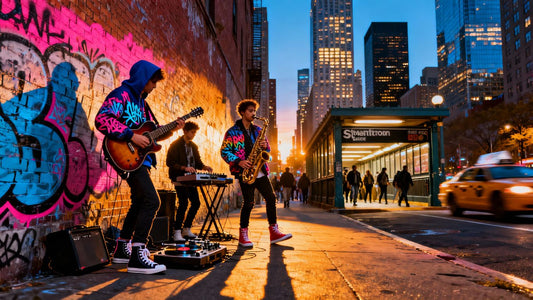 New York street musicians with graffiti and skyscrapers
