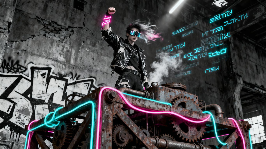 Trap metal fusion, dark industrial, neon, futuristic rebellion.