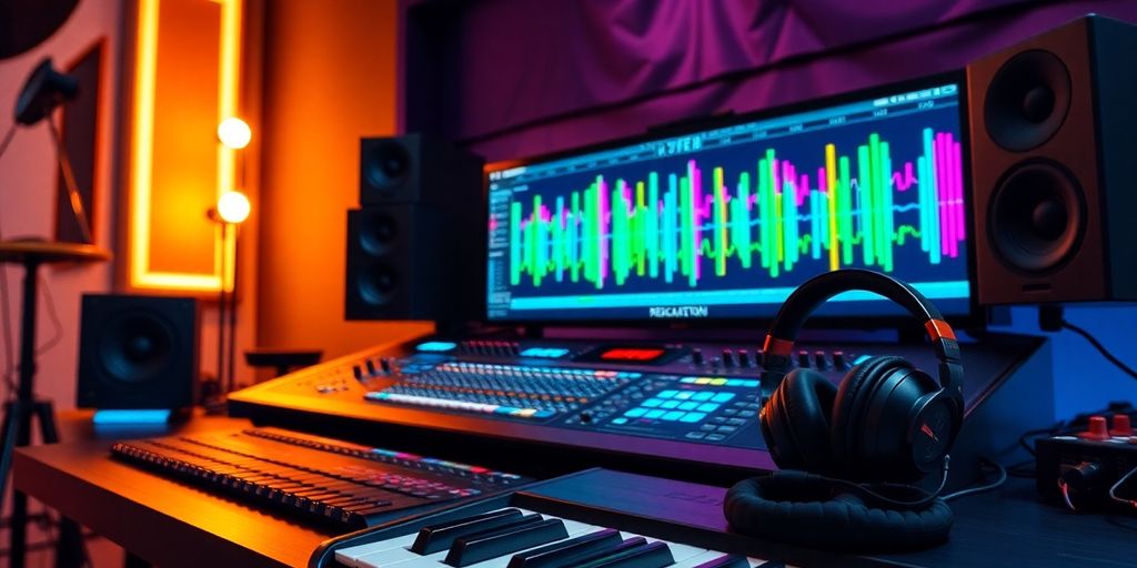 Colorful studio setup for reggaeton music production.