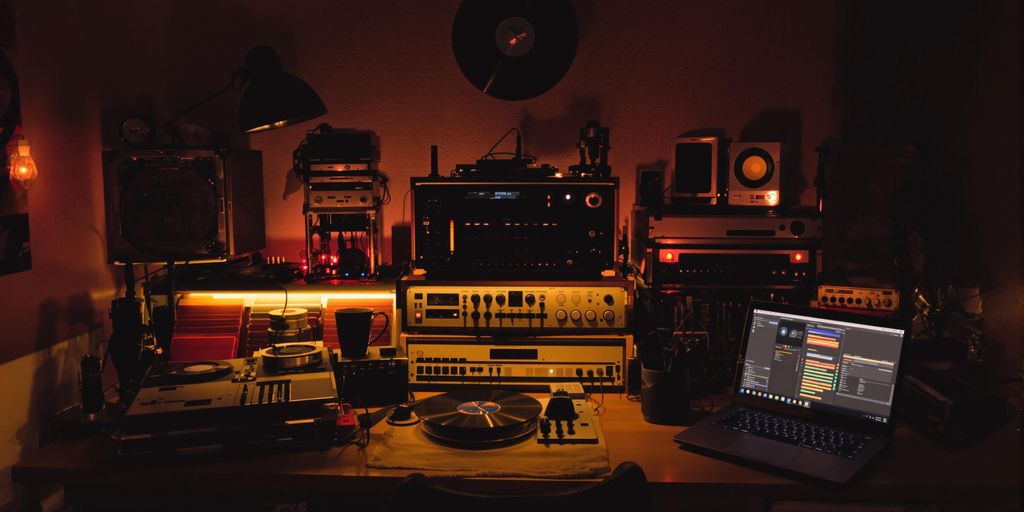 Cozy studio with vintage audio gear and ambient lighting.