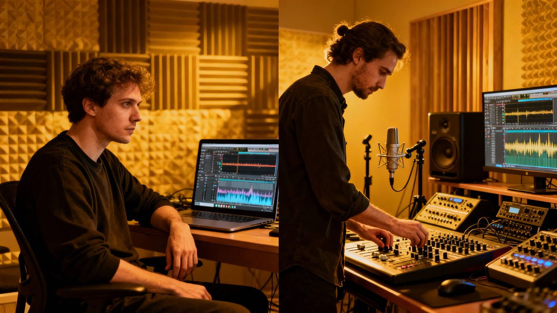 Producers working on music production software and equipment.