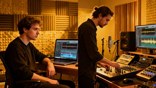 Producers working on music production software and equipment.