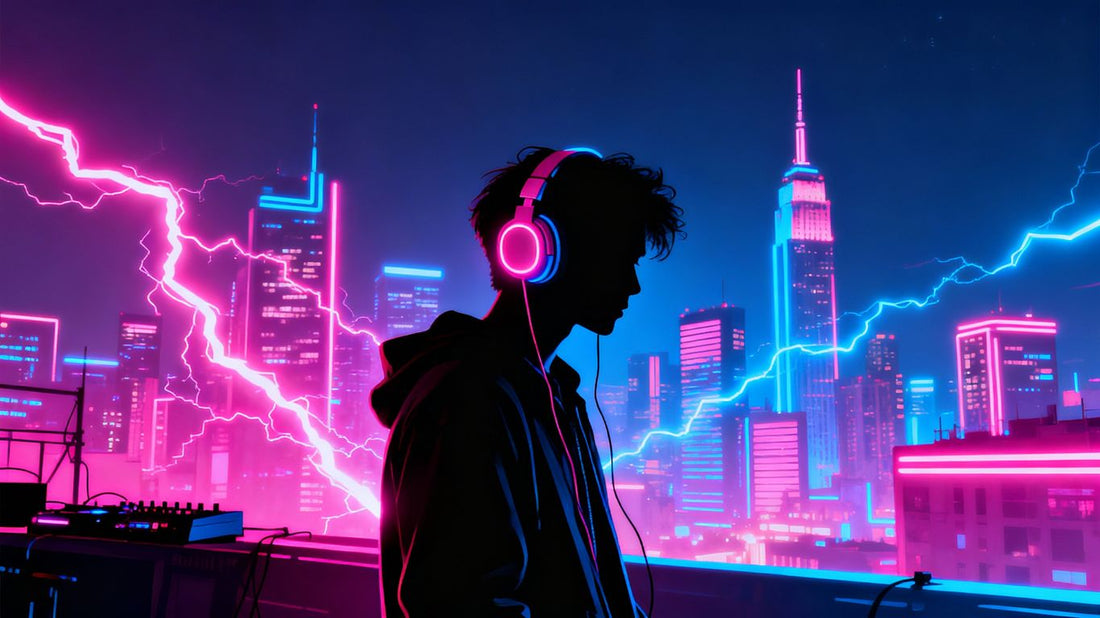 Neon cityscape with silhouetted figures, synthwave and hip-hop fusion.