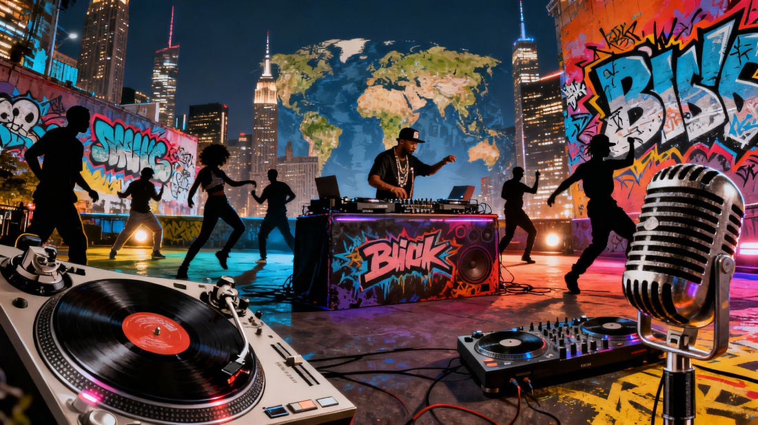 Global hip-hop culture merging with cityscapes and music elements.