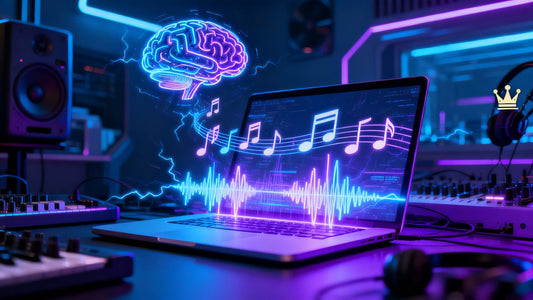 AI and music notes in a futuristic studio.