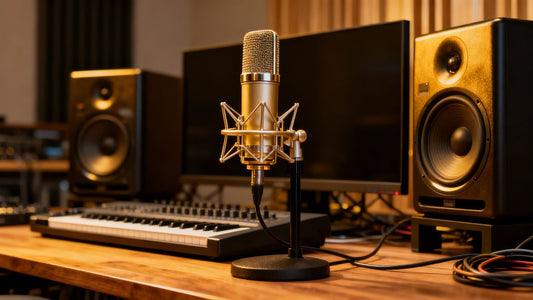 Beatmaking studio equipment with DAW, microphone, and monitors.