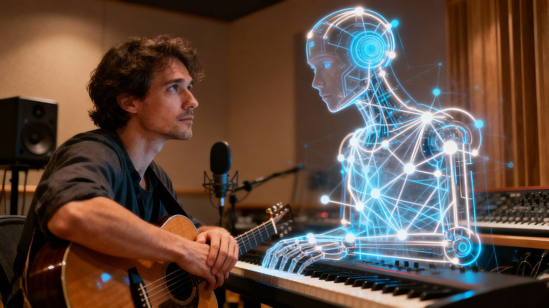 Human musician and AI interface in a studio.