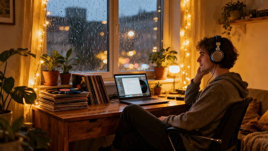 Person relaxing with headphones in cozy room.