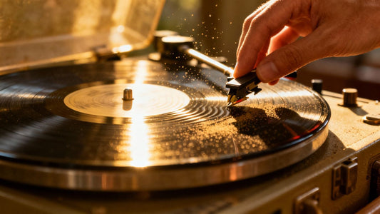 Artist placing needle on spinning vinyl record.