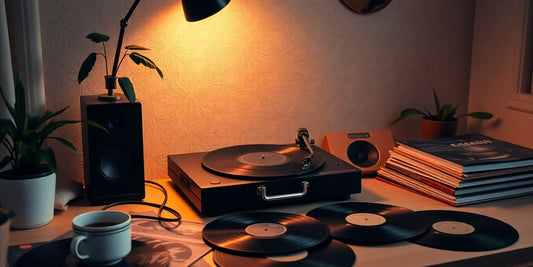 Cozy workspace with record player and warm lighting.