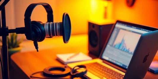 Microphone and headphones on a desk for podcasting.