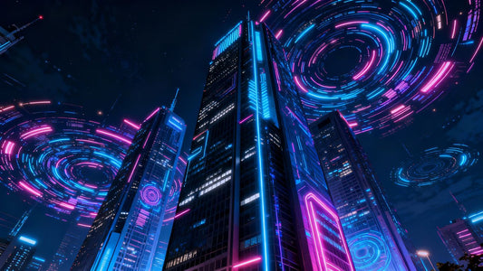 Futuristic cityscape with AI-themed digital patterns.