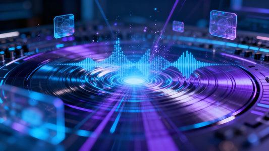 AI-powered synthesizer interface with glowing sound waves.