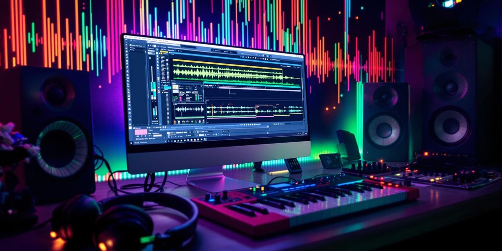 Workspace with FL Studio, instruments, and colorful sound waves.