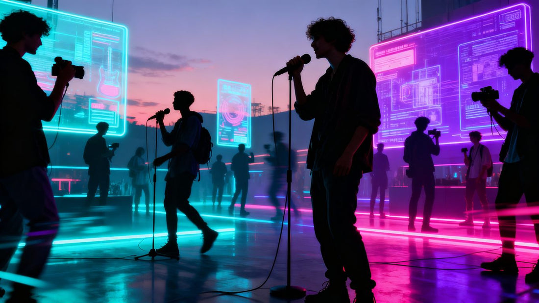 Futuristic cityscape with creative individuals and glowing spaces.