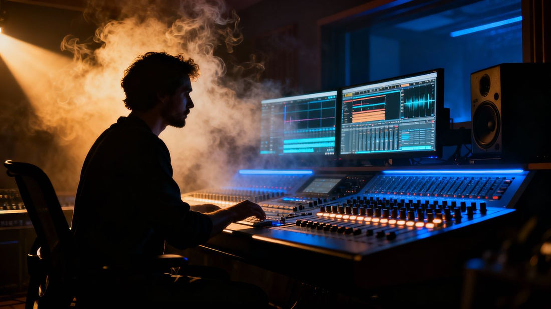 Producer working on cinematic trap music production.