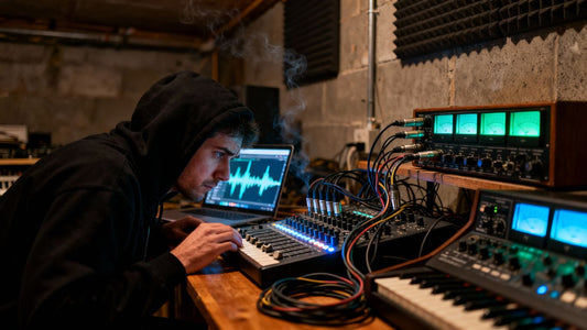 Music producer working in a dimly lit underground studio.