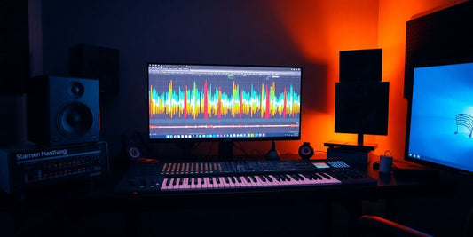 Vibrant workspace with digital audio workstation and MIDI keyboard.