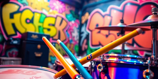 Close-up of a drum set in an urban setting.