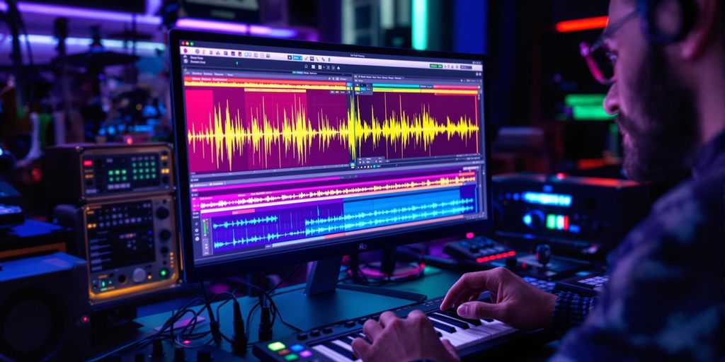 Music producer adjusting audio levels in a vibrant studio.