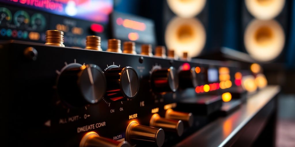 Close-up of an audio compressor in a studio.