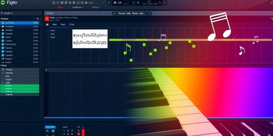 Colorful FL Studio 20 Piano Roll interface with musical notes.